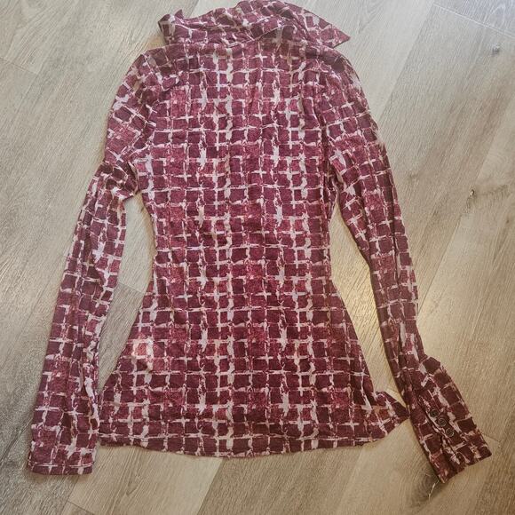 Free People Red Cream Plaid Sheer Long Sleeve Button Front Blouse Small Retro - Picture 7 of 7